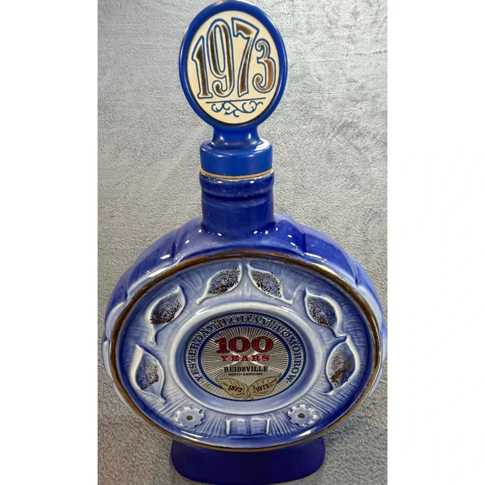 Jim Beam Reidsville NC Centennial Decanter 1873-1973 Blue Gold Vintage Ceramic